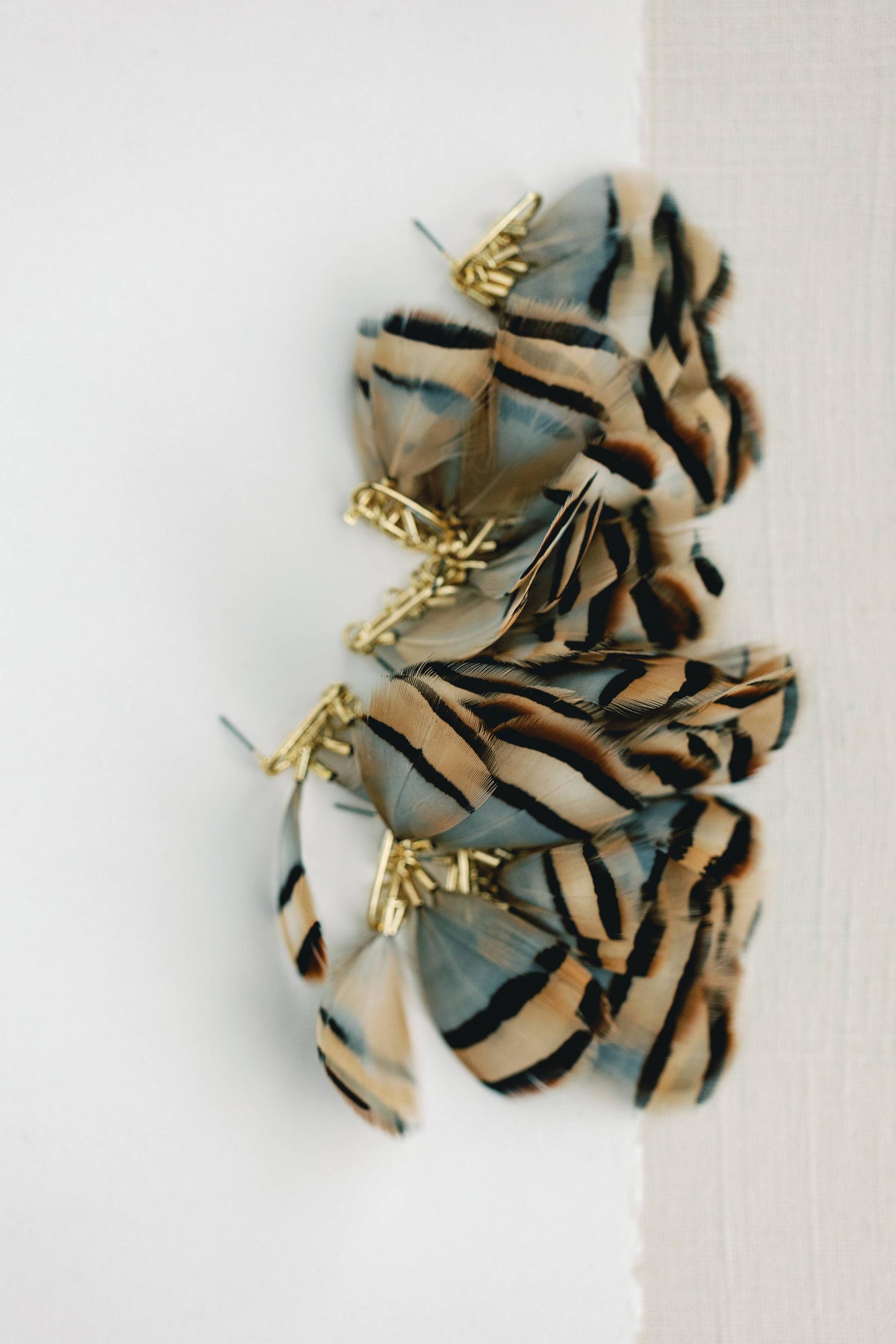 Brown Striped Feather Statement Tassel Earrings