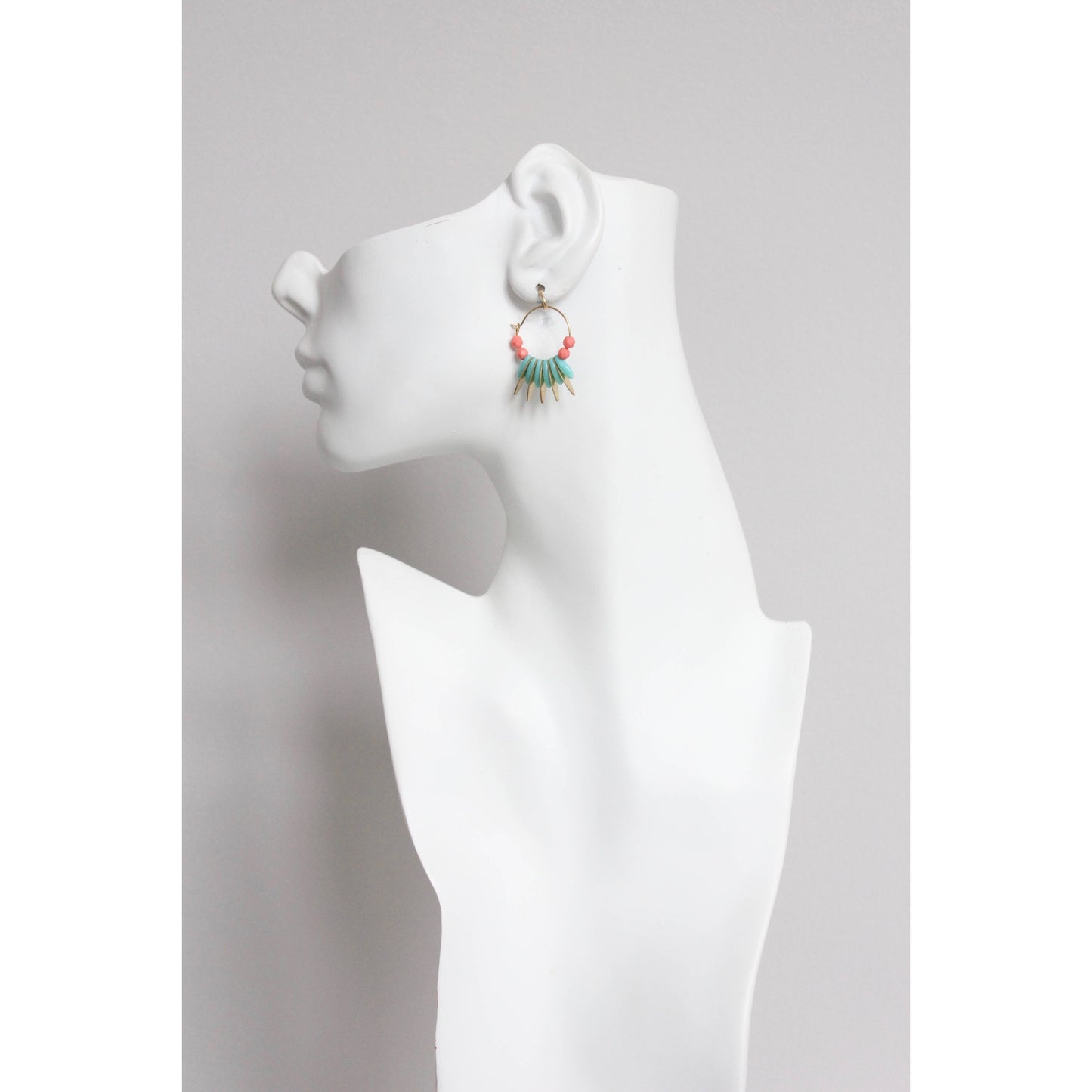 EMIE07 Turquoise and coral glass small hoop earrings