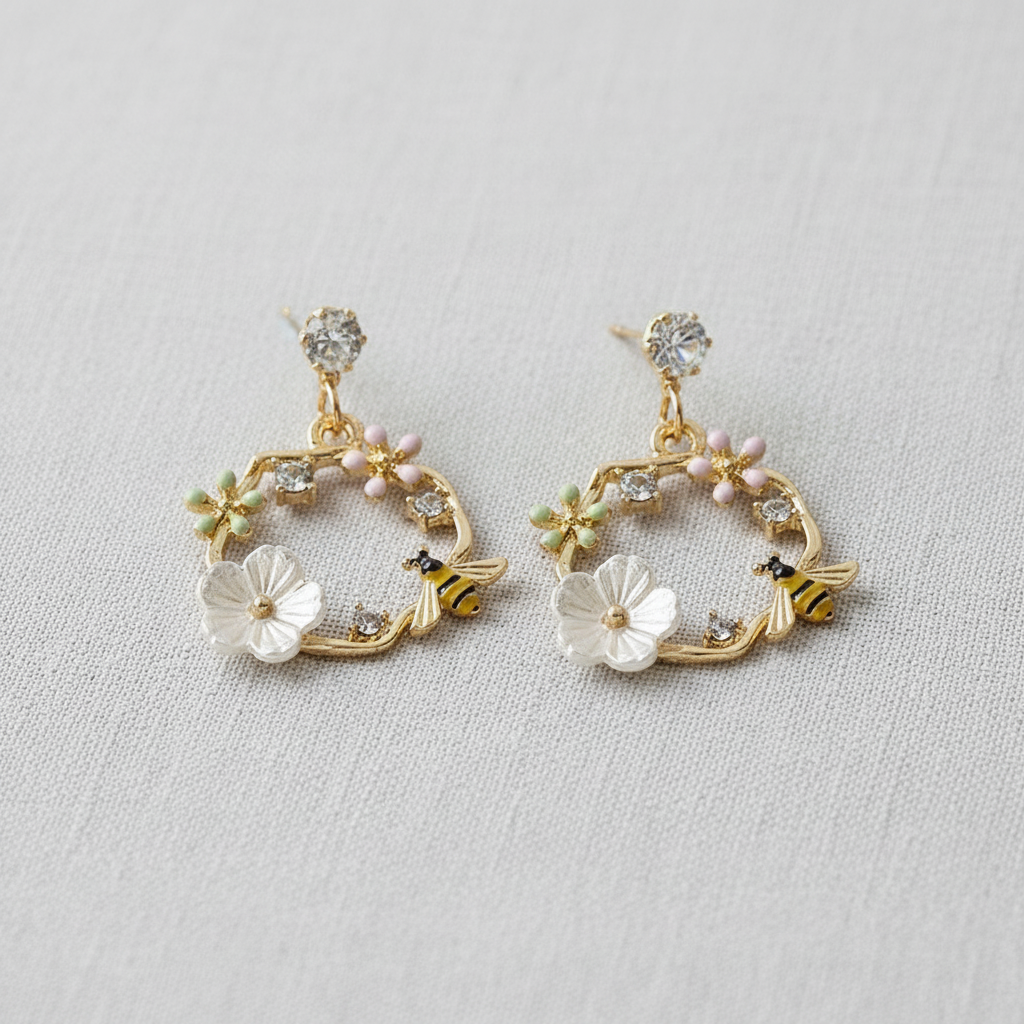 Bee and Floral Wreath Earrings