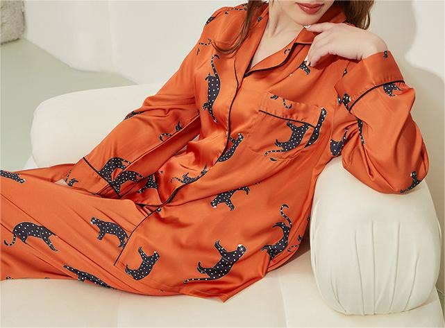 Leopard pattern loungewear 2-piece set of ice silk pajamas: Green / L