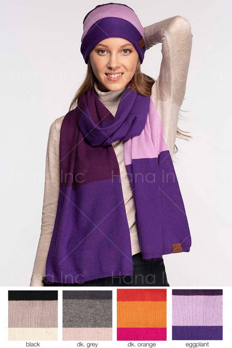 C.C Color Block Knit Scarf: Eggplant