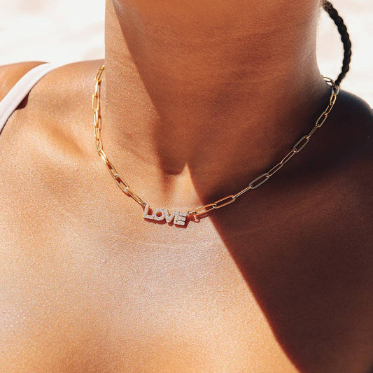 18K Gold PVD Stainless Steel "Love" Paperclip Necklace: Gold