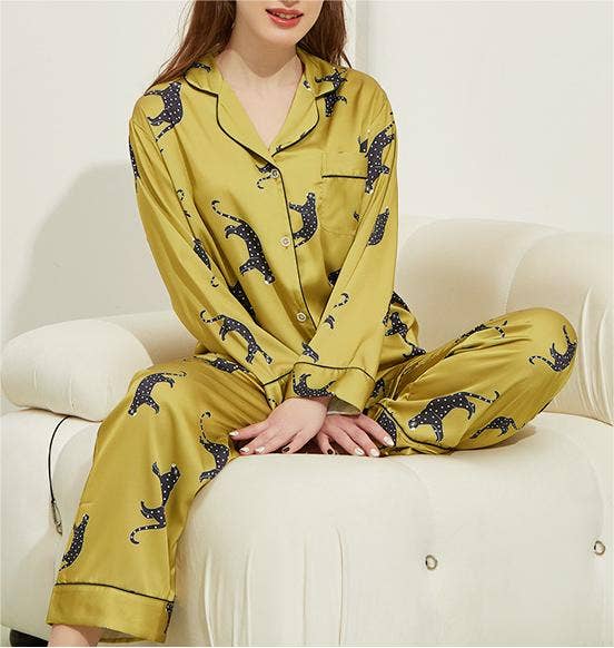 Leopard pattern loungewear 2-piece set of ice silk pajamas: Green / L
