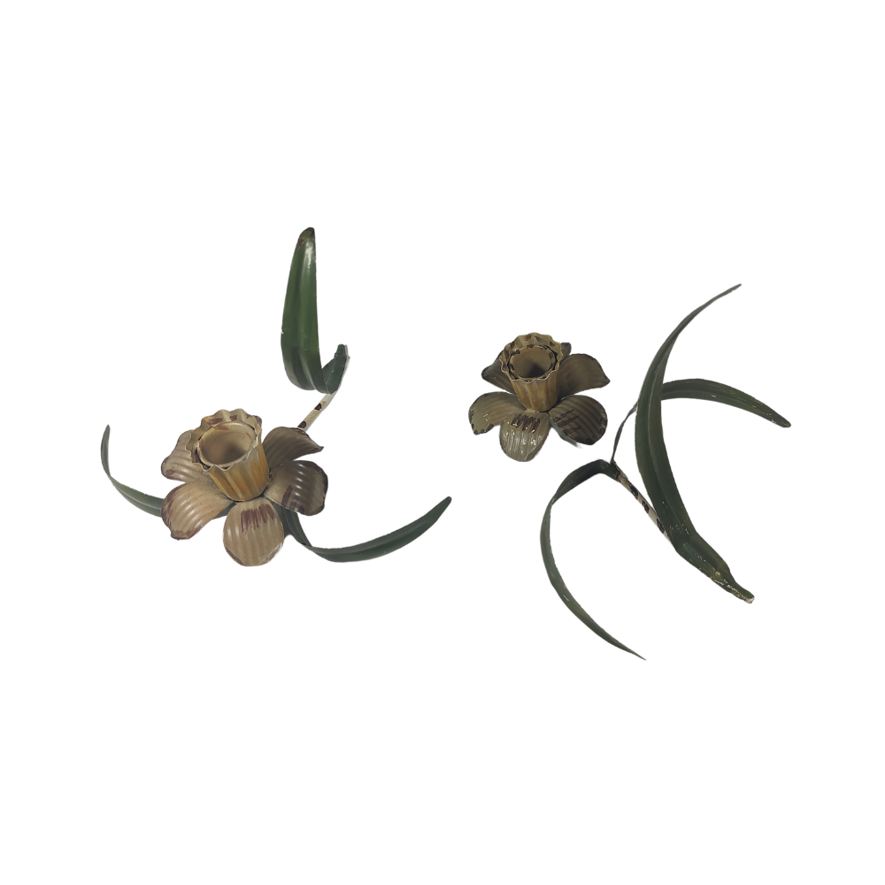 Pair of Tole 1950's Daffodil Candle Holders