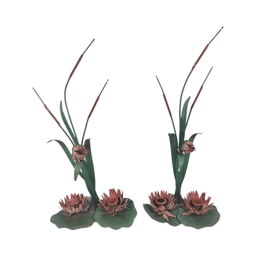 Set Vintage Mid Century Tole Lotus Sconce Candle Holder