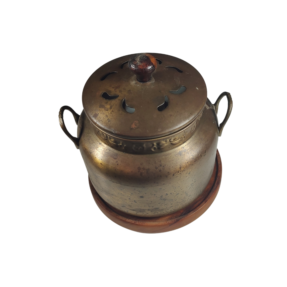 Antique Brass & Wood Base Incense Pot