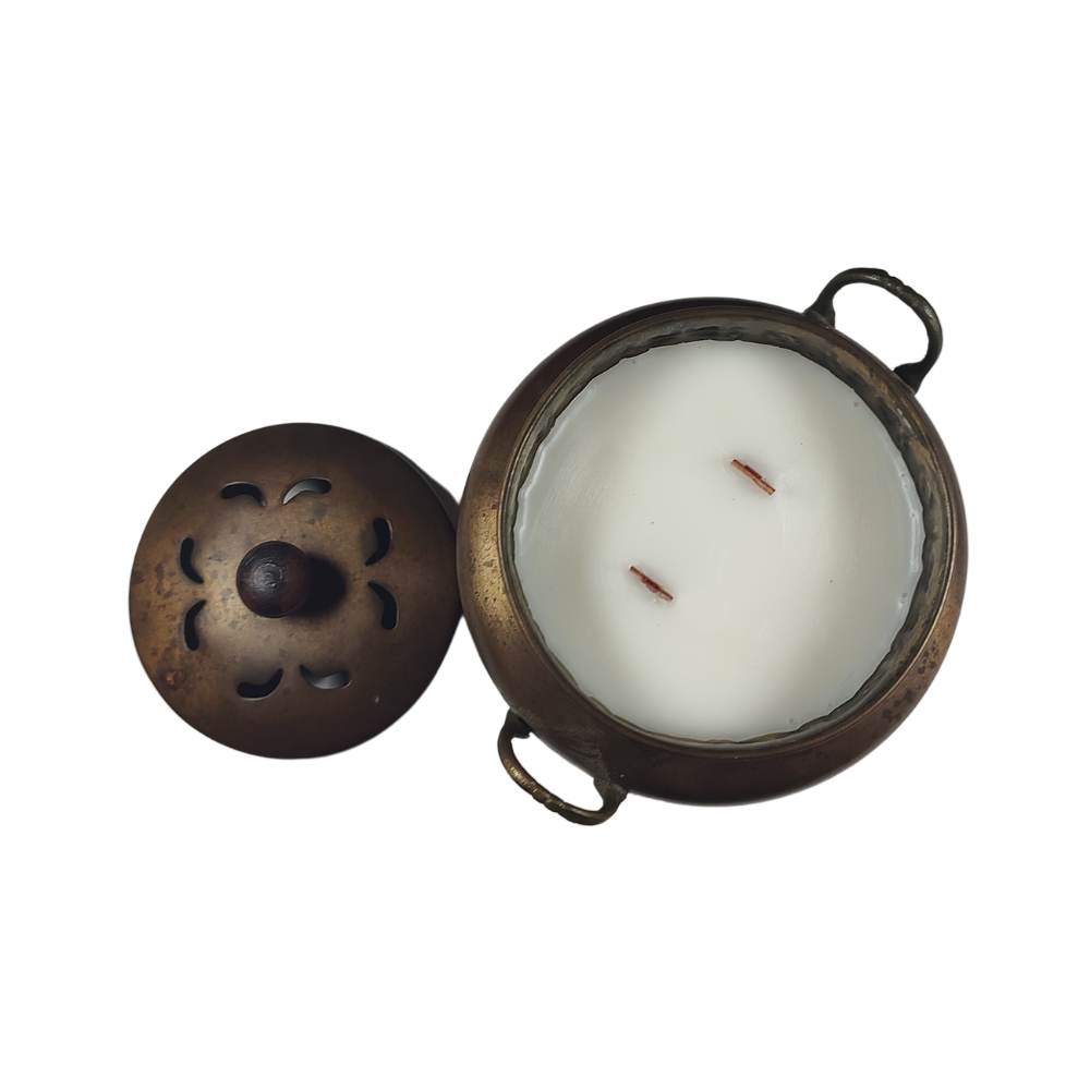 Antique Brass & Wood Base Incense Pot