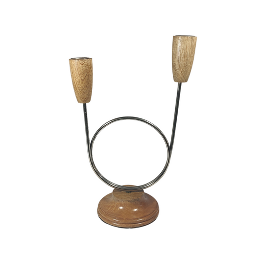 Scandi 1980's Wood and Metal Double Candleabra
