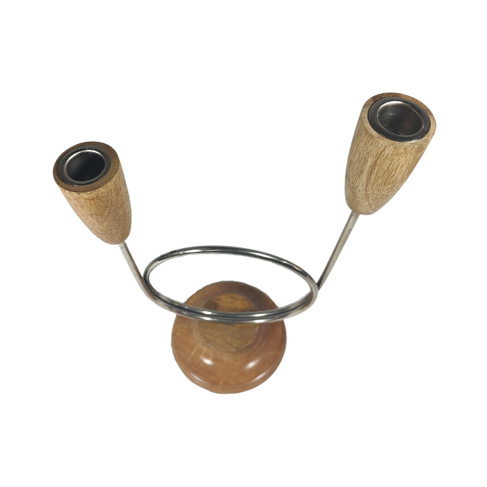 Scandi 1980's Wood and Metal Double Candleabra