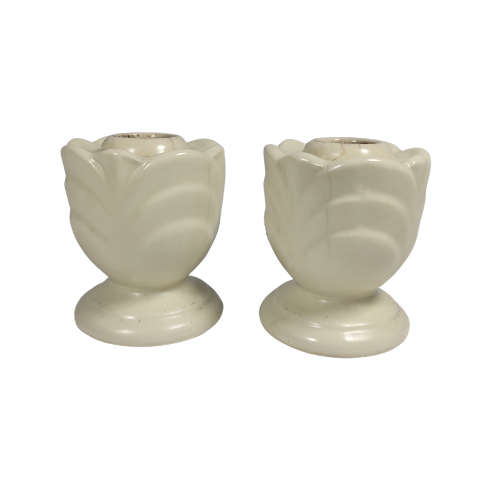 Vintage Rosebud Shaped Creamy White Pottery Candle Stick Holder