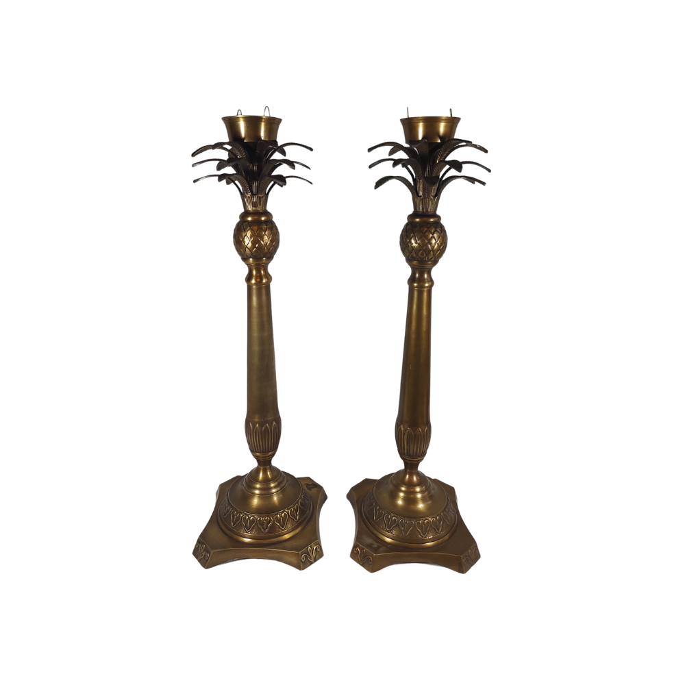 Pair Tall Brass 1960's Set Sago Palm Candle Holder