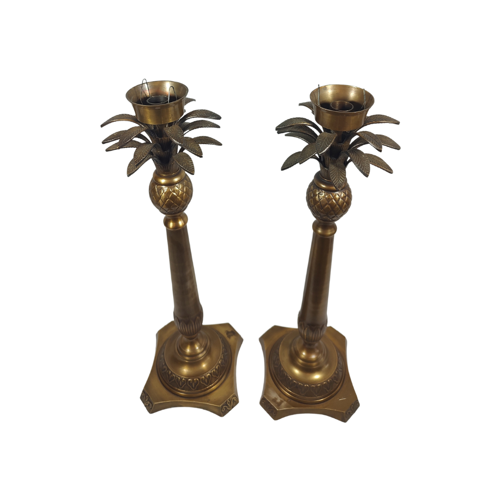 Pair Tall Brass 1960's Set Sago Palm Candle Holder