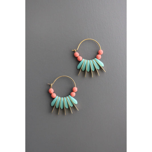 EMIE07 Turquoise and coral glass small hoop earrings