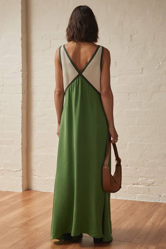 Contrast Panels Plunge Midi Dress: Green / L