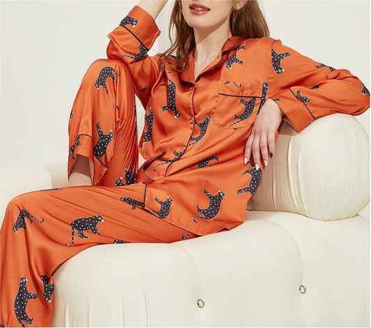 Leopard pattern loungewear 2-piece set of ice silk pajamas: Orange / L