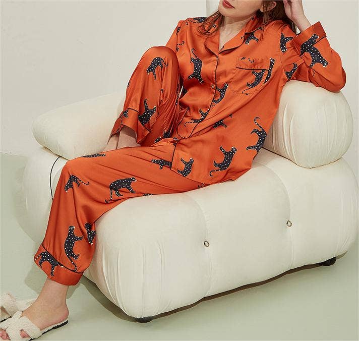 Leopard pattern loungewear 2-piece set of ice silk pajamas: Green / L