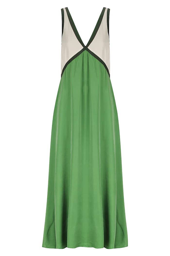 Contrast Panels Plunge Midi Dress: Green / L