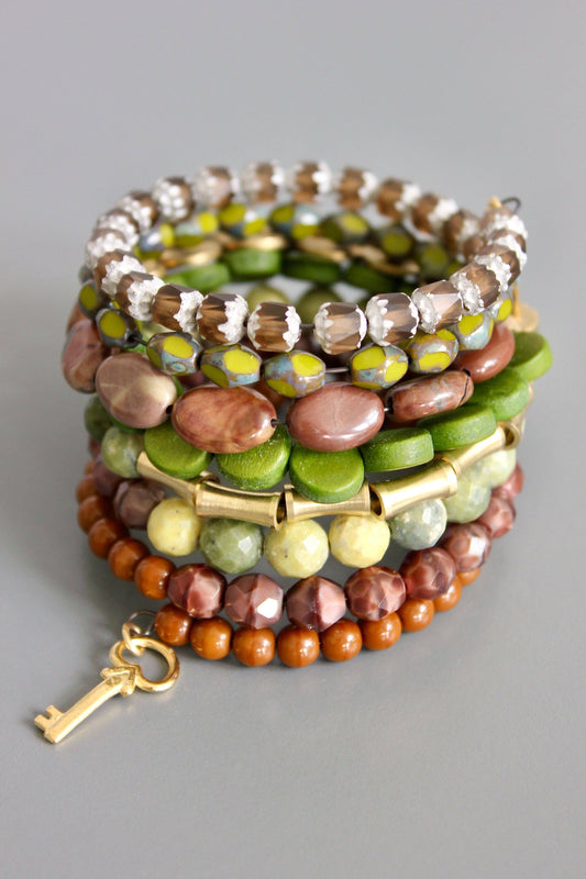 FERB04 Caramel, moss, burgundy, and green wrap bracelet