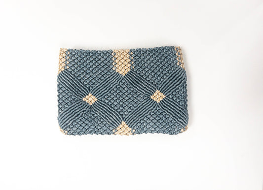 Handmade Macramé Clutch- Dusty Blue and Champagne