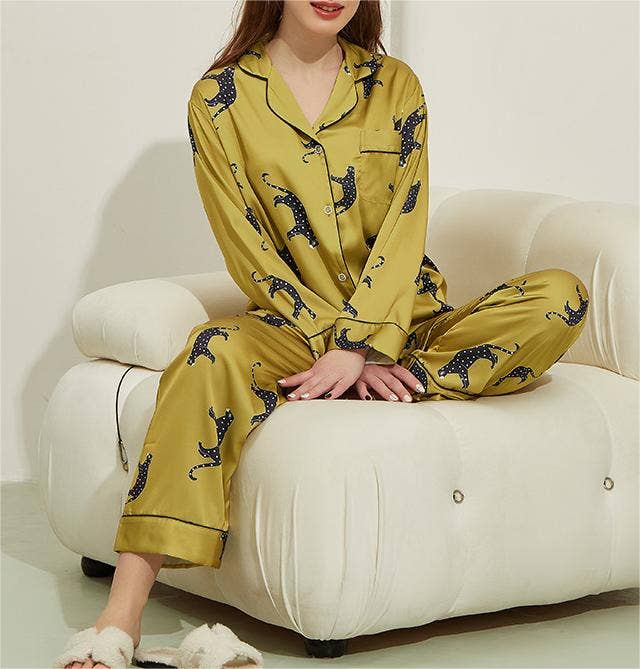 Leopard pattern loungewear 2-piece set of ice silk pajamas: Green / L