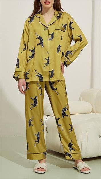 Leopard pattern loungewear 2-piece set of ice silk pajamas: Green / L