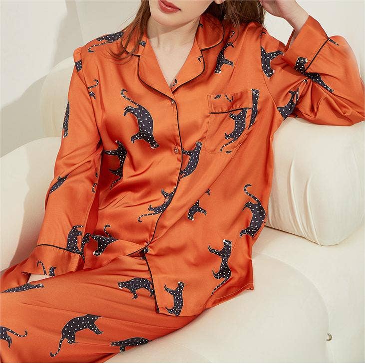 Leopard pattern loungewear 2-piece set of ice silk pajamas: Orange / L