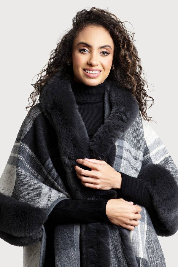Faux Fur Kimono Plaid