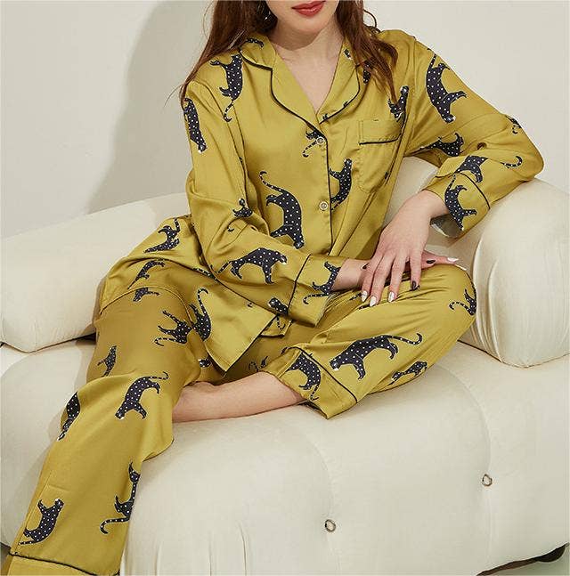 Leopard pattern loungewear 2-piece set of ice silk pajamas: Green / L