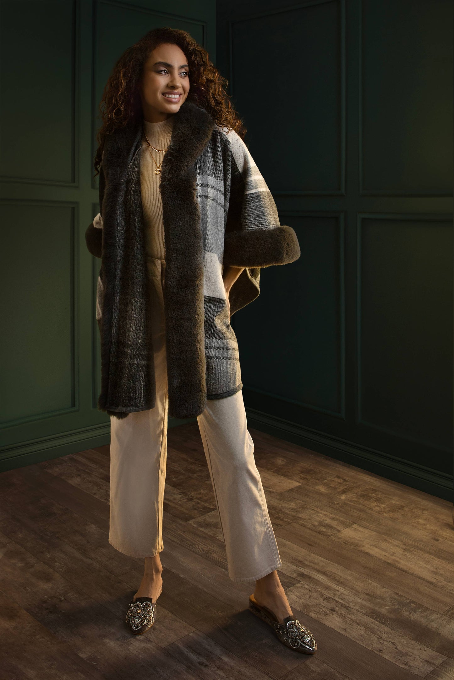 Faux Fur Kimono Plaid