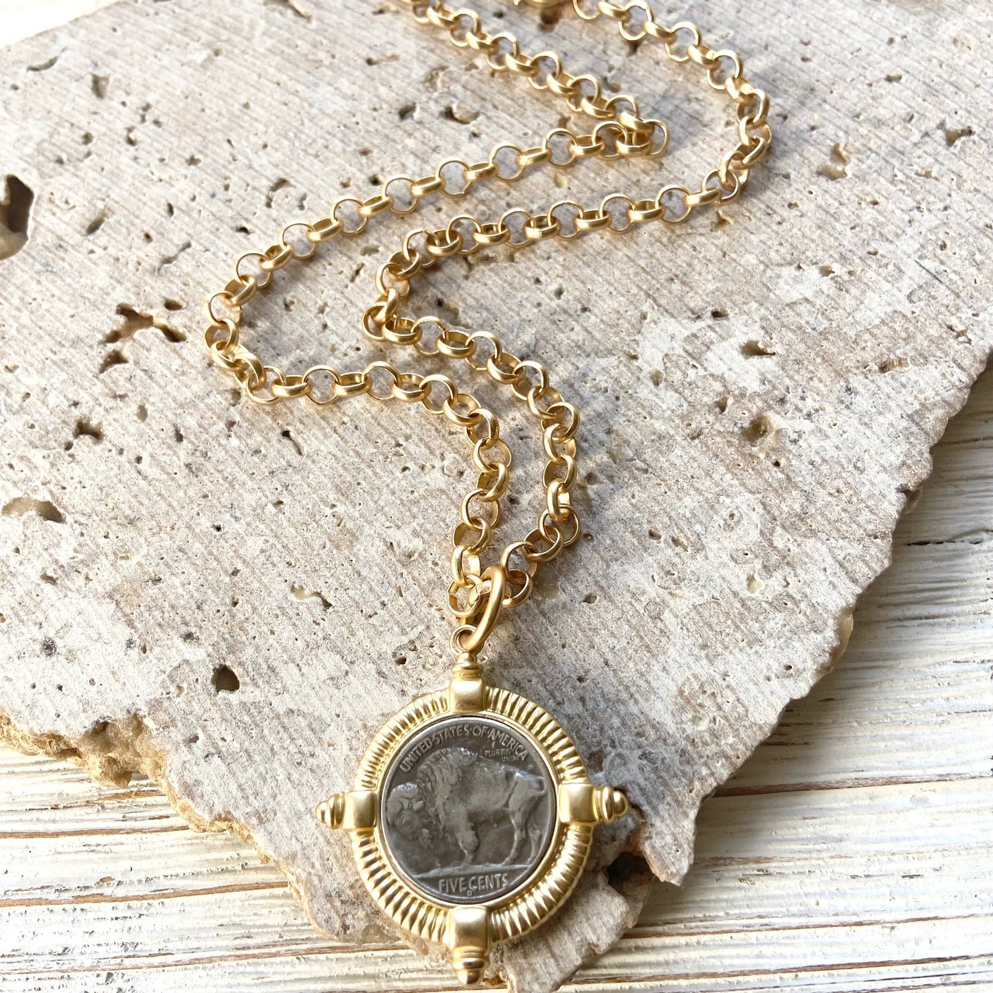 Buffalo coin necklace  Montana Colorado Idaho jewlery: Matte gold