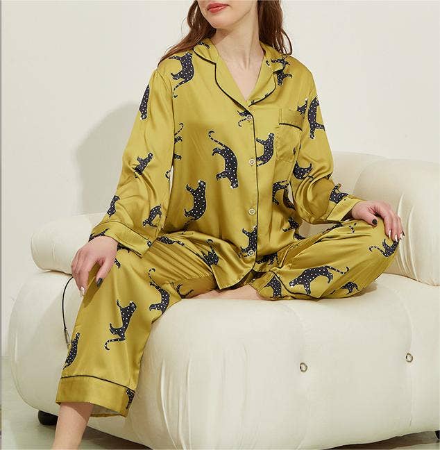 Leopard pattern loungewear 2-piece set of ice silk pajamas: Green / L