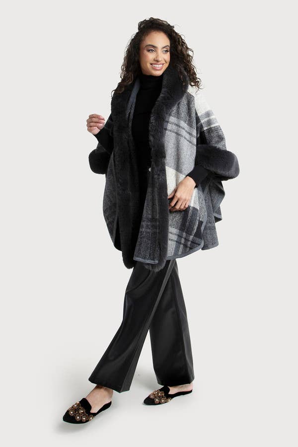 Faux Fur Kimono Plaid