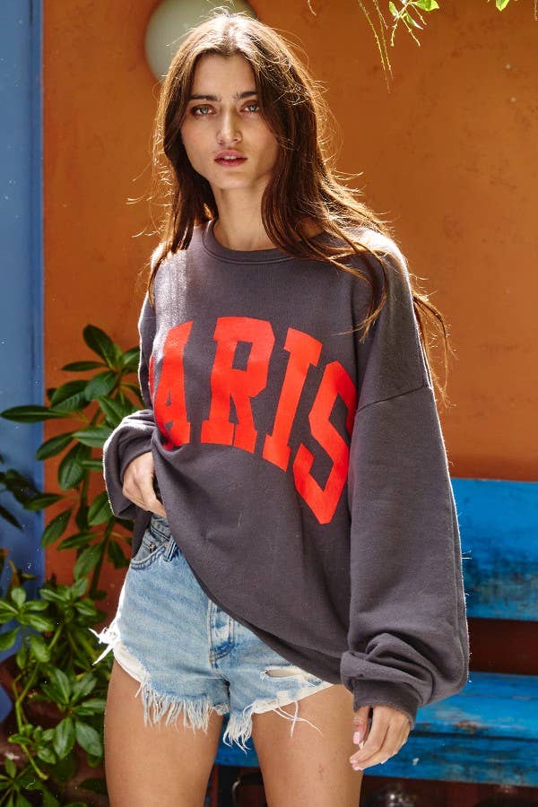 'PARIS' Graphic French Terry Oversize Top / HEATHER GREY