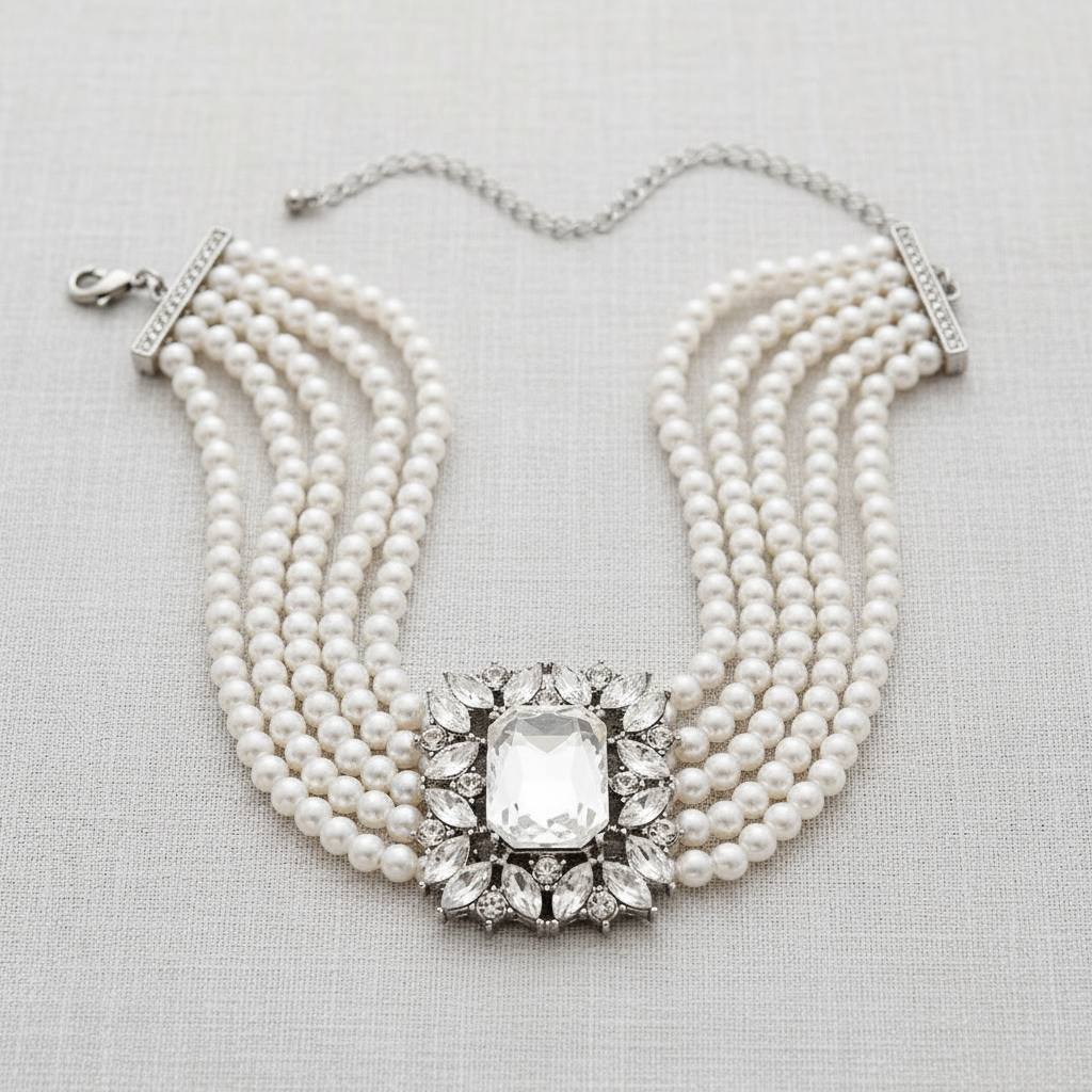 Baroque Rhinestone Pearl Choker Necklace