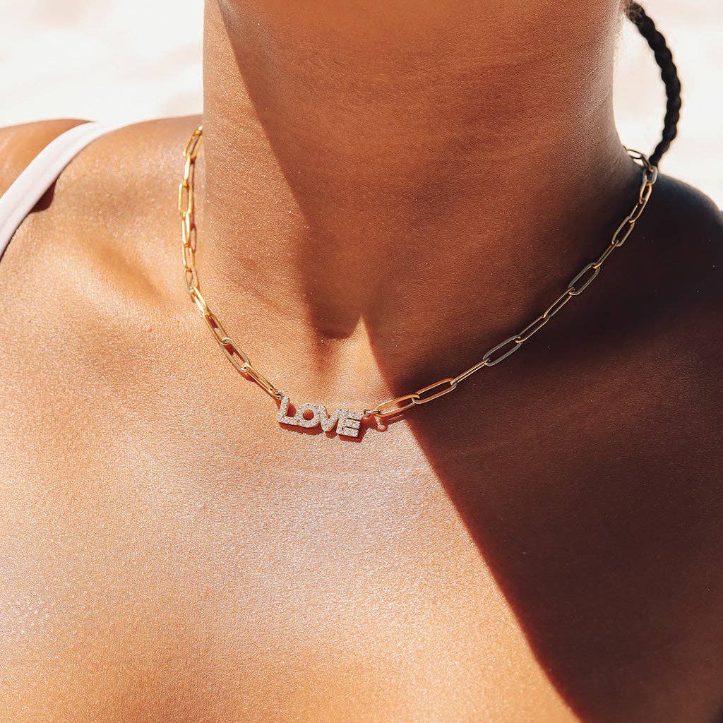 18K Gold PVD Stainless Steel  "Love" Paperclip Necklace: Gold