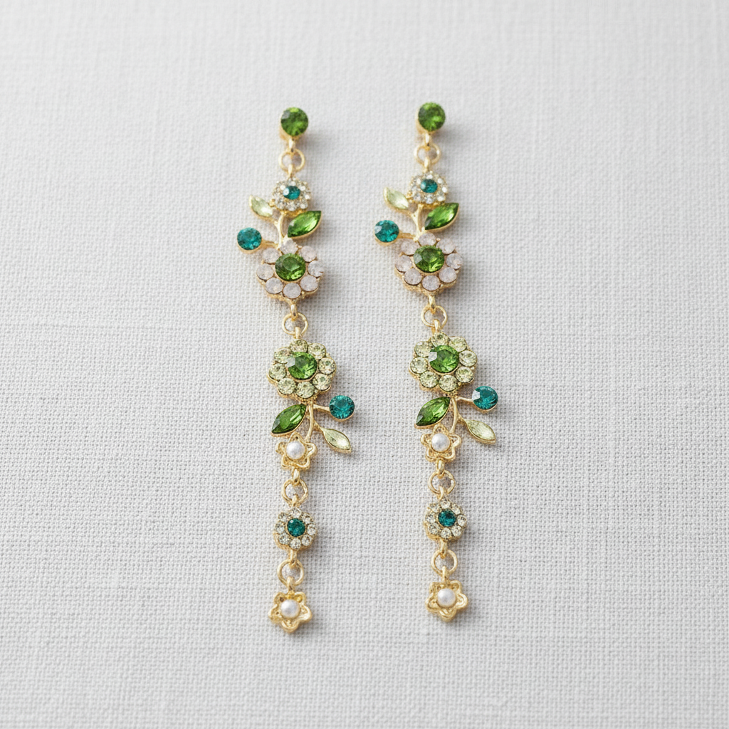Vintage Rhinestone Floral Long Earrings