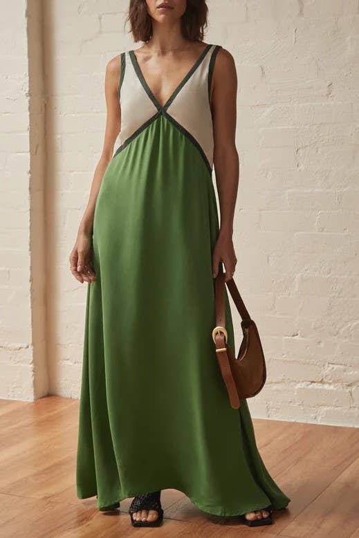 Contrast Panels Plunge Midi Dress: Green / L