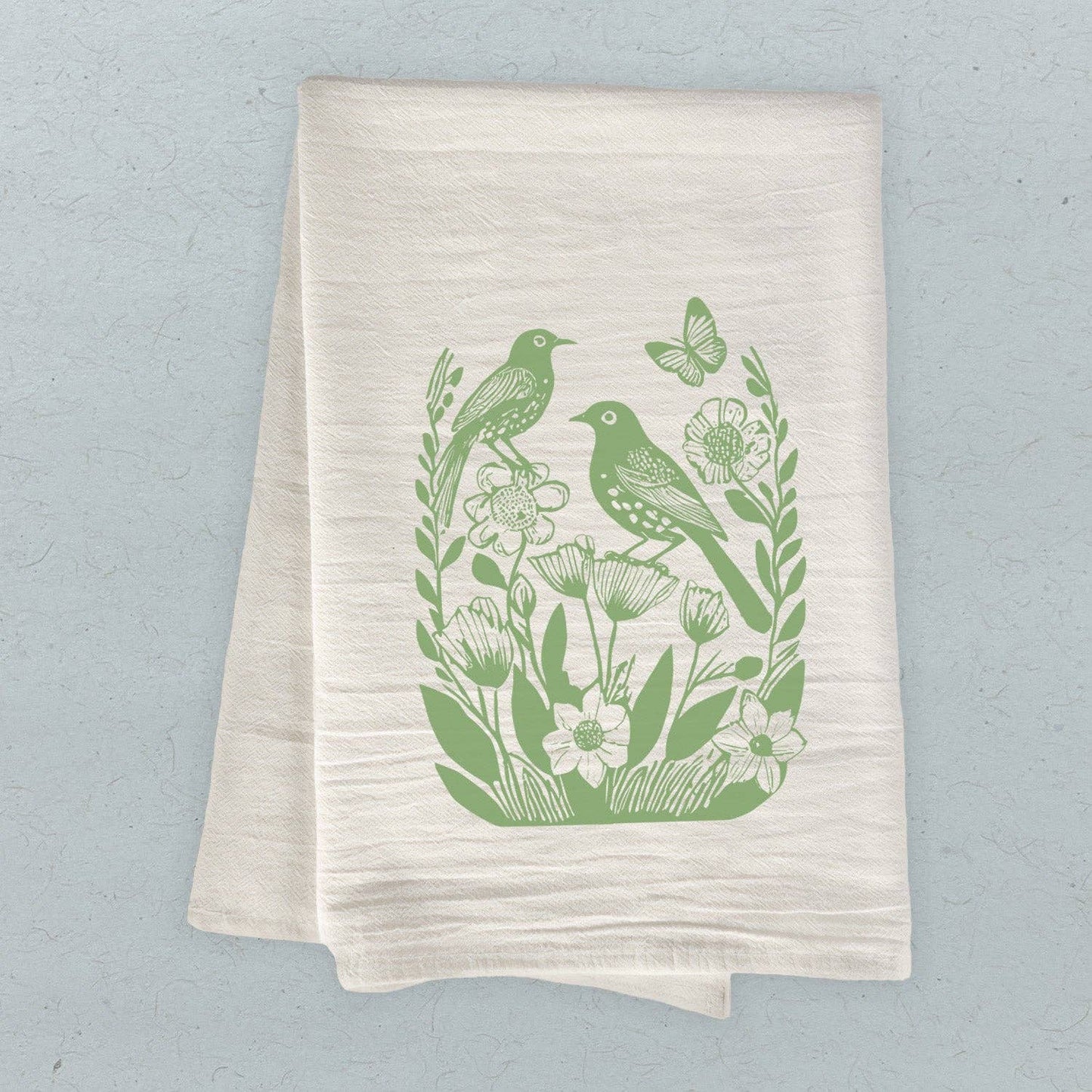 Linocut Spring Birds - Customizable Cotton Tea Towel: 19" x 28" (with loop)