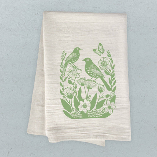 Linocut Spring Birds - Customizable Cotton Tea Towel: 19" x 28" (with loop)