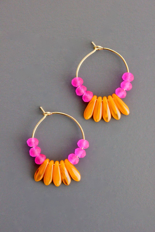 WLLE02 Pink and orange glass hoop earrings