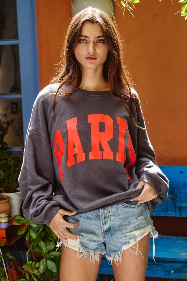 'PARIS' Graphic French Terry Oversize Top / HEATHER GREY