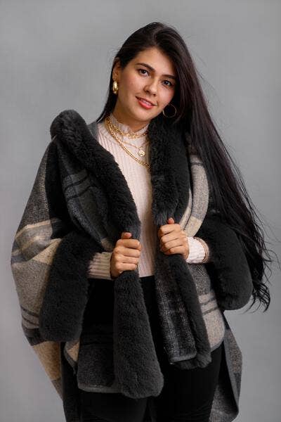 Faux Fur Kimono Plaid