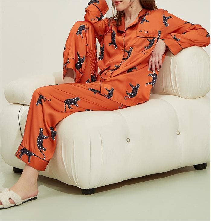 Leopard pattern loungewear 2-piece set of ice silk pajamas: Green / L