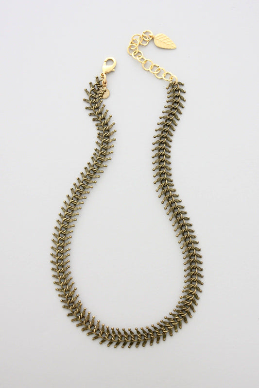 DOR915 Oxidized Brass Fish Bone Chain Necklace