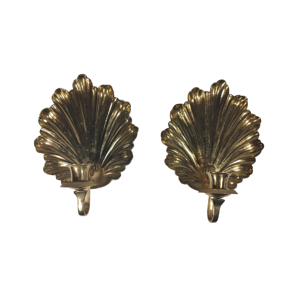 Pair of Mottahedeh Shell Brass Candle Sconces Mid Century