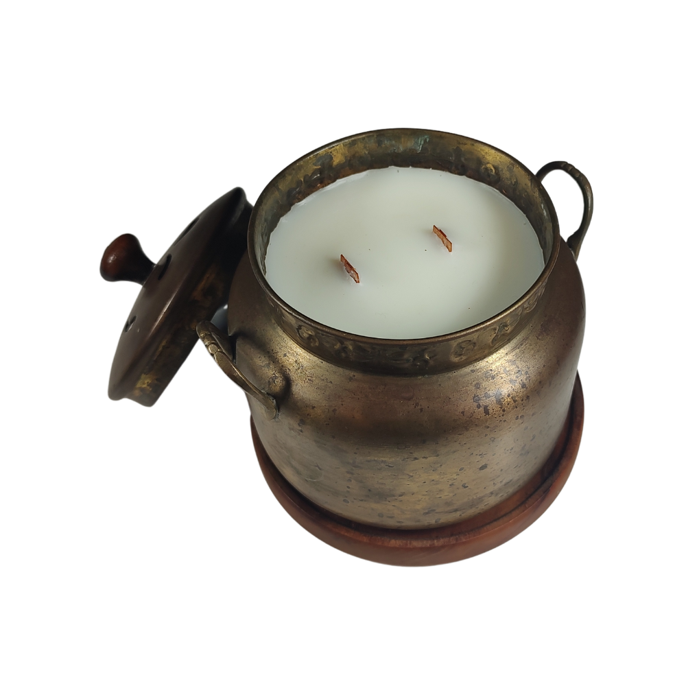 Antique Brass & Wood Base Incense Pot