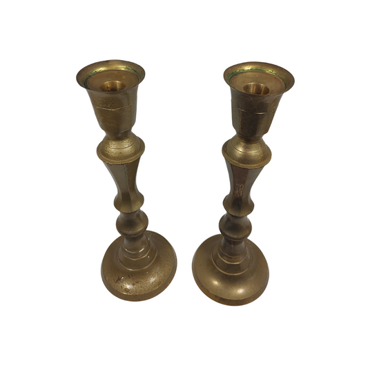 Extra Large Aged Brass 1980's Candle Holder Pair