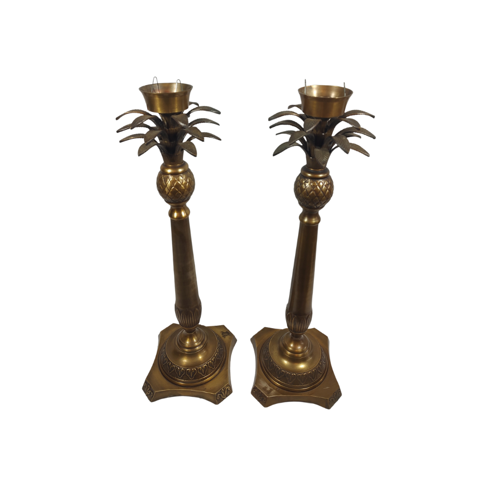Pair Tall Brass 1960's Set Sago Palm Candle Holder
