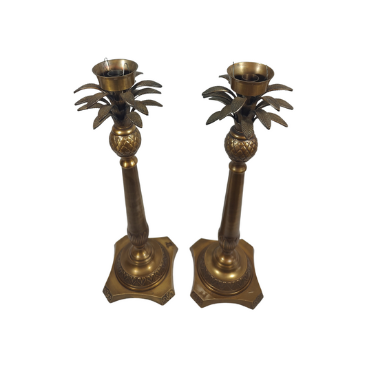 Pair Tall Brass 1960's Set Sago Palm Candle Holder