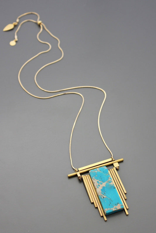 EMI730 Geometric turquoise and brass necklace